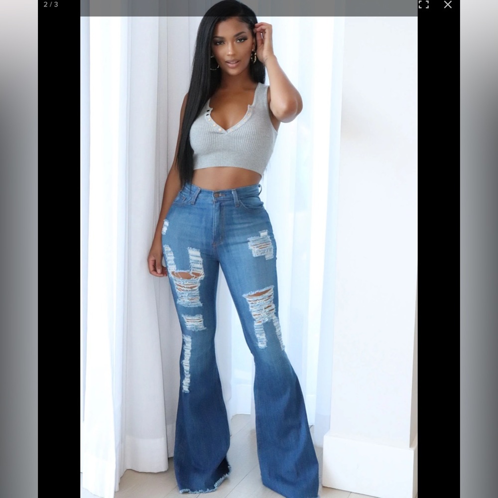 Fashion Nova size 15 high rise stretch distressed flare jeans NWT